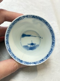 Five Chinese blue and white 'elegant beauty and boy' cups and saucers, Chenghua mark, Kangxi