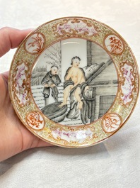 A Chinese gilt-decorated grisaille semi-erotic 'European subject' cup and saucer, Qianlong, ca. 1755