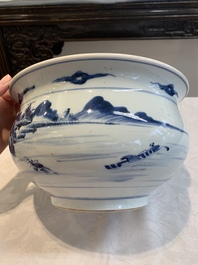 A Chinese blue and white 'riverscape' censer, 18th C.