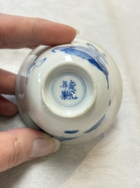 Five Chinese blue and white 'elegant beauty and boy' cups and saucers, Chenghua mark, Kangxi