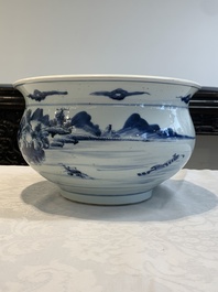 A Chinese blue and white 'riverscape' censer, 18th C.