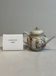 A fine Chinese famille rose gilt-decorated teapot and cover with figural design, Yongzheng
