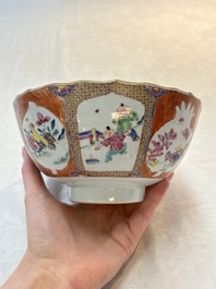 A pair of Chinese famille rose bowls with figures and roosters, Yongzheng/Qianlong