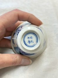Five Chinese blue and white 'elegant beauty and boy' cups and saucers, Chenghua mark, Kangxi