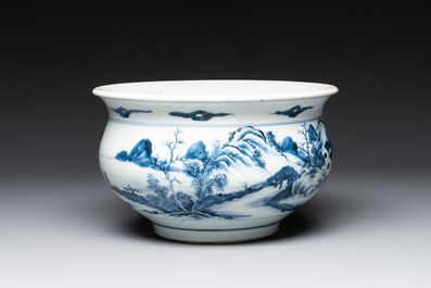 A Chinese blue and white 'riverscape' censer, 18th C.