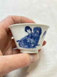 Five Chinese blue and white 'elegant beauty and boy' cups and saucers, Chenghua mark, Kangxi