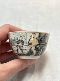 A Chinese gilt-decorated grisaille semi-erotic 'European subject' cup and saucer, Qianlong, ca. 1755