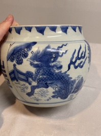 A Chinese blue and white 'qilin' jar and wooden cover, Transitional period