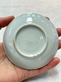A Chinese famille rose blue-ground cup and saucer, and a 'faux-bois' cup and saucer, Yongzheng/Qianlong