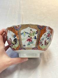 A pair of Chinese famille rose bowls with figures and roosters, Yongzheng/Qianlong