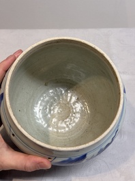A Chinese blue and white 'qilin' jar and wooden cover, Transitional period