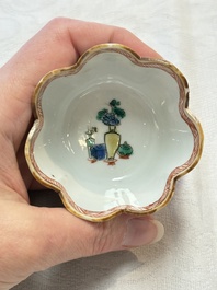 A Chinese famille rose 'tobacco leaf' vase, a pseudo-armorial cup and a famille verte cup, Kangxi/Qianlong