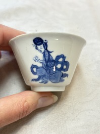 Five Chinese blue and white 'elegant beauty and boy' cups and saucers, Chenghua mark, Kangxi