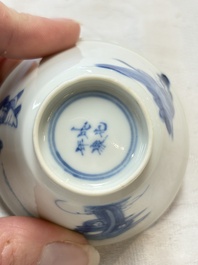 Five Chinese blue and white 'elegant beauty and boy' cups and saucers, Chenghua mark, Kangxi