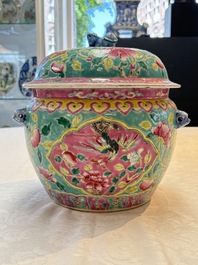 A Chinese famille rose turquoise-ground 'kamcheng' bowl and cover for the Straits or Peranakan market, 19th C.