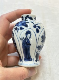 Four Chinese blue and white miniature vases, one with cover, Kangxi