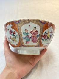 A pair of Chinese famille rose bowls with figures and roosters, Yongzheng/Qianlong