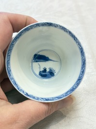 Five Chinese blue and white 'elegant beauty and boy' cups and saucers, Chenghua mark, Kangxi