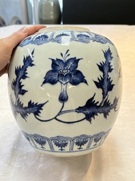 A Chinese blue and white vase, a jar and a covered box, Kangxi