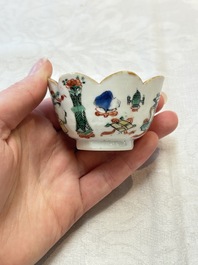 A Chinese famille rose 'tobacco leaf' vase, a pseudo-armorial cup and a famille verte cup, Kangxi/Qianlong