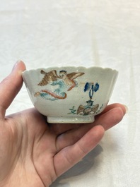 A Chinese famille rose 'tobacco leaf' vase, a pseudo-armorial cup and a famille verte cup, Kangxi/Qianlong