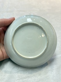 A Chinese gilt-decorated grisaille semi-erotic 'European subject' cup and saucer, Qianlong, ca. 1755