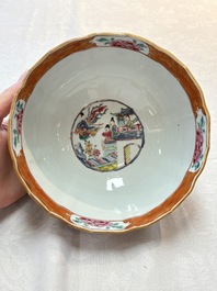 A pair of Chinese famille rose bowls with figures and roosters, Yongzheng/Qianlong