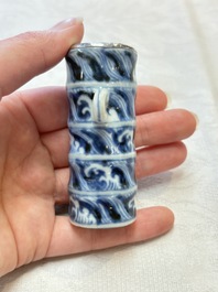 A Chinese blue and white silver-mounted 'sea waves' bird feeder and a wooden box, Xuande mark, 19/20th C.