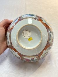 A pair of Chinese famille rose bowls with figures and roosters, Yongzheng/Qianlong