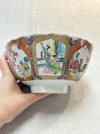 A pair of Chinese famille rose bowls with figures and roosters, Yongzheng/Qianlong