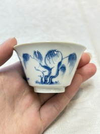 Five Chinese blue and white 'elegant beauty and boy' cups and saucers, Chenghua mark, Kangxi
