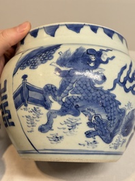 A Chinese blue and white 'qilin' jar and wooden cover, Transitional period