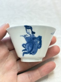 Five Chinese blue and white 'elegant beauty and boy' cups and saucers, Chenghua mark, Kangxi