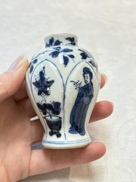 Four Chinese blue and white miniature vases, one with cover, Kangxi