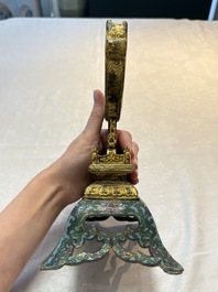 A fine Chinese spinach-green jade table screen with a gilt-cloisonn&eacute; stand, Qianlong