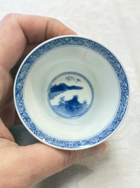 Five Chinese blue and white 'elegant beauty and boy' cups and saucers, Chenghua mark, Kangxi