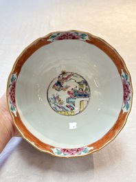 A pair of Chinese famille rose bowls with figures and roosters, Yongzheng/Qianlong