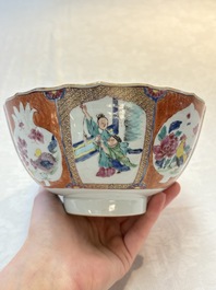 A pair of Chinese famille rose bowls with figures and roosters, Yongzheng/Qianlong