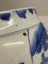 A Chinese blue and white 'qilin' jar and wooden cover, Transitional period