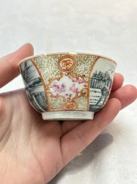 A Chinese gilt-decorated grisaille semi-erotic 'European subject' cup and saucer, Qianlong, ca. 1755