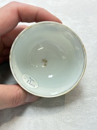 Two Chinese gilt-decorated grisaille cups and saucers for the European market, Qianlong
