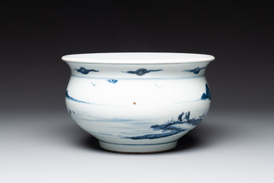 A Chinese blue and white 'riverscape' censer, 18th C.