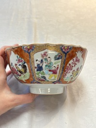 A pair of Chinese famille rose bowls with figures and roosters, Yongzheng/Qianlong
