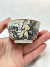 A Chinese gilt-decorated grisaille semi-erotic 'European subject' cup and saucer, Qianlong, ca. 1755