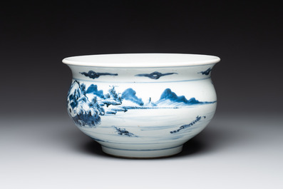 A Chinese blue and white 'riverscape' censer, 18th C.
