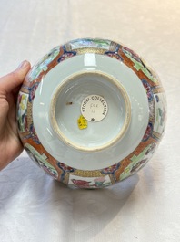 A pair of Chinese famille rose bowls with figures and roosters, Yongzheng/Qianlong