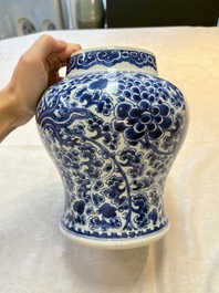 A Chinese blue and white vase, a jar and a covered box, Kangxi