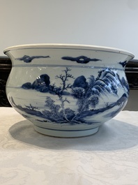 A Chinese blue and white 'riverscape' censer, 18th C.