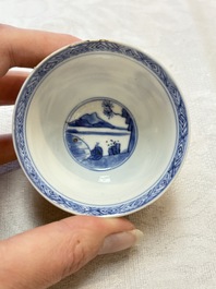 Five Chinese blue and white 'elegant beauty and boy' cups and saucers, Chenghua mark, Kangxi