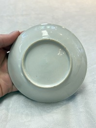 A Chinese famille rose blue-ground cup and saucer, and a 'faux-bois' cup and saucer, Yongzheng/Qianlong